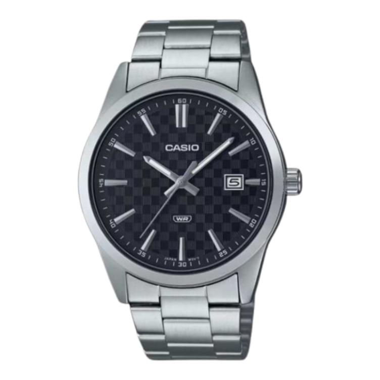 Casio MTP-VD03D-1A men's analog watch with black dial and stainless steel bracelet.