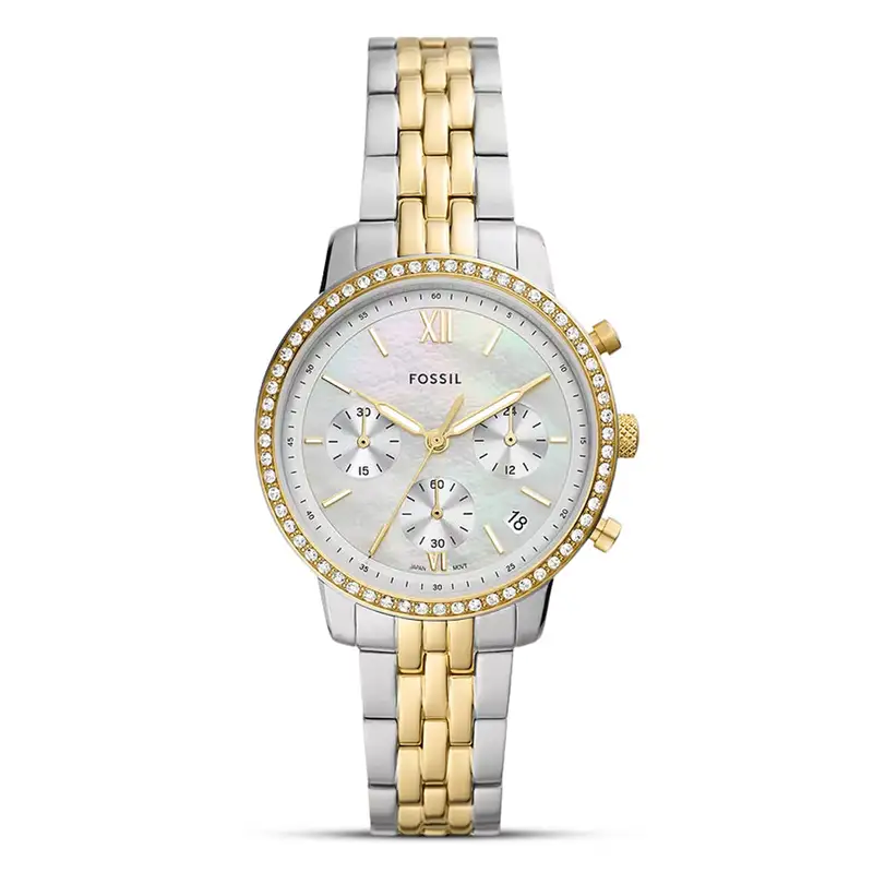 Fossil ES5216 Women's Neutra Chronograph Watch with Two-Tone Stainless Steel Case and Bracelet.