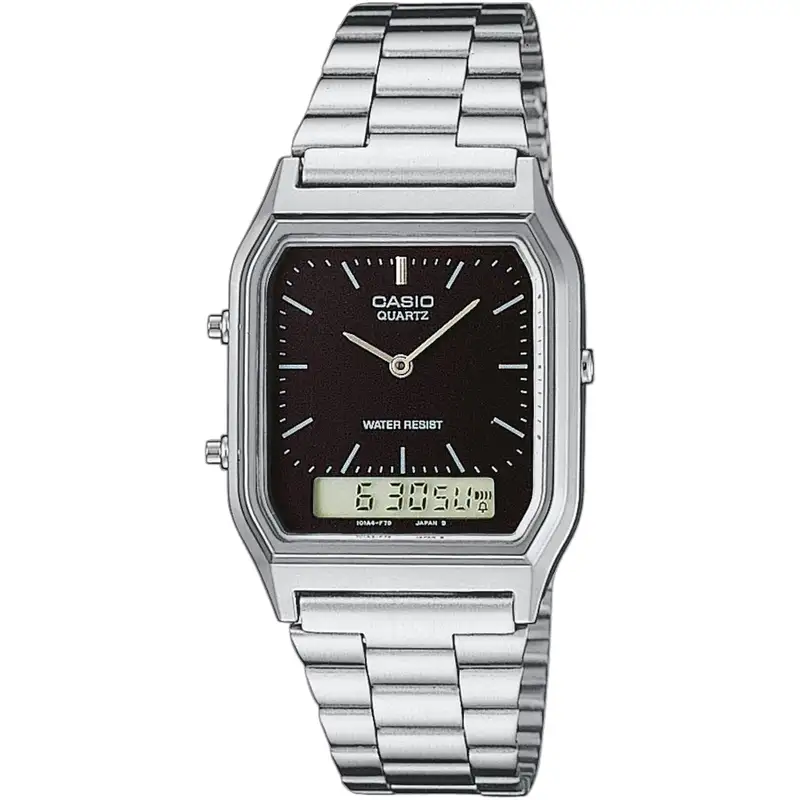 Casio AQ-230A-1D Unisex Dual Display Watch with Stainless Steel Case and Bracelet.