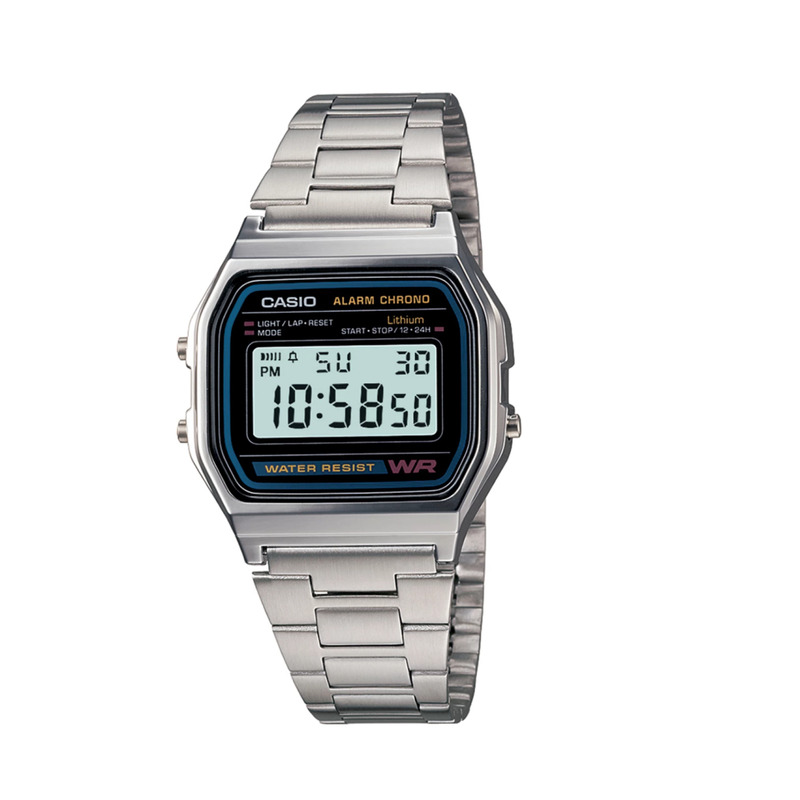 Casio A158WA digital watch with a classic stainless steel band