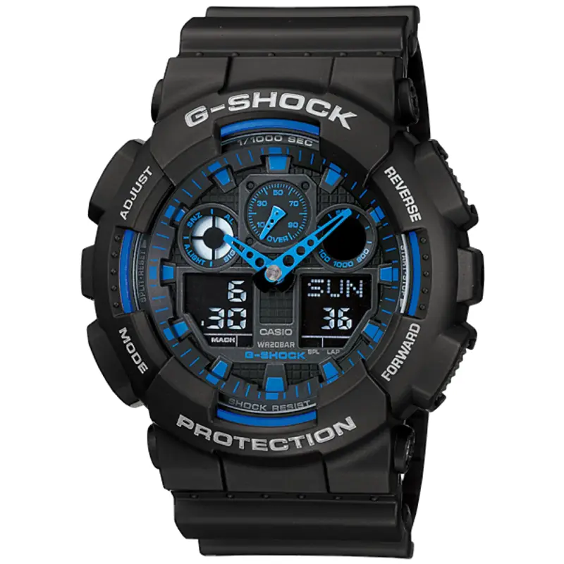 Casio G-SHOCK GA-100-1A2 Black and Blue Analog-Digital Men's Watch with Shock Resistance.