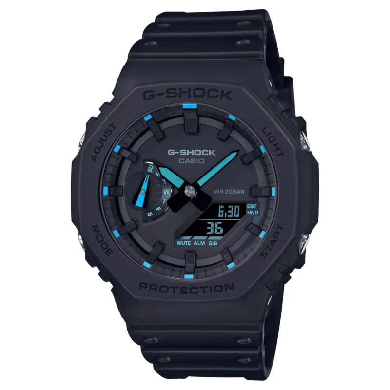 Casio G-SHOCK GA-2100-1A2 black analog-digital watch with blue accents and slim carbon case