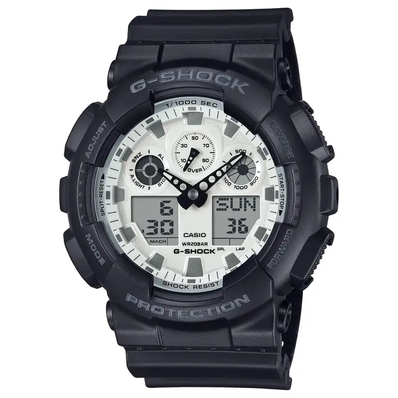 asio G-SHOCK GA-100WD-1A analog-digital watch with black resin case and glossy white dial