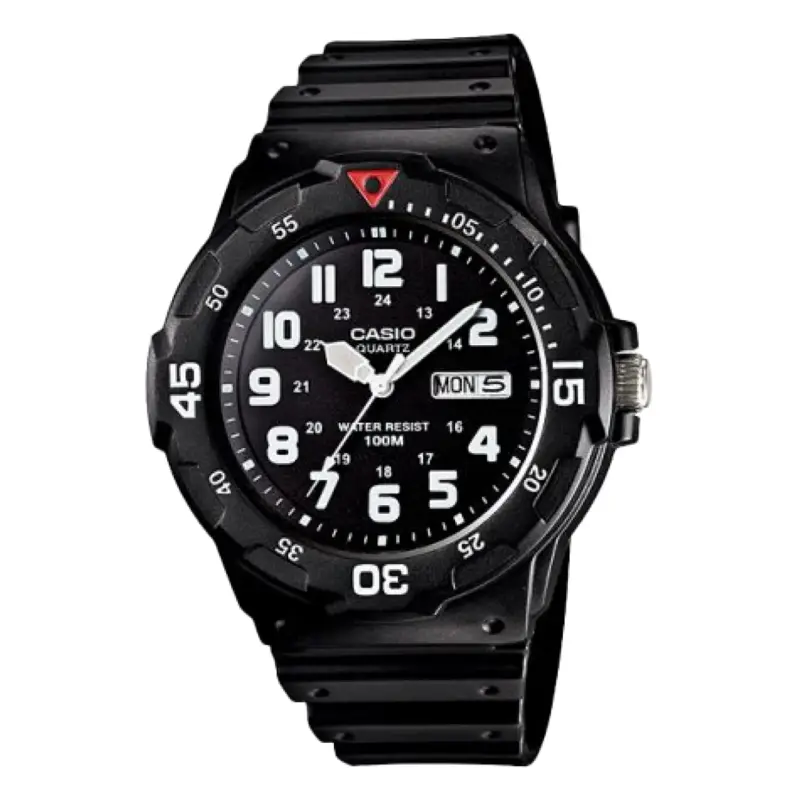 Casio MRW-200H-1B men’s black analog watch with day-date and rotating bezel