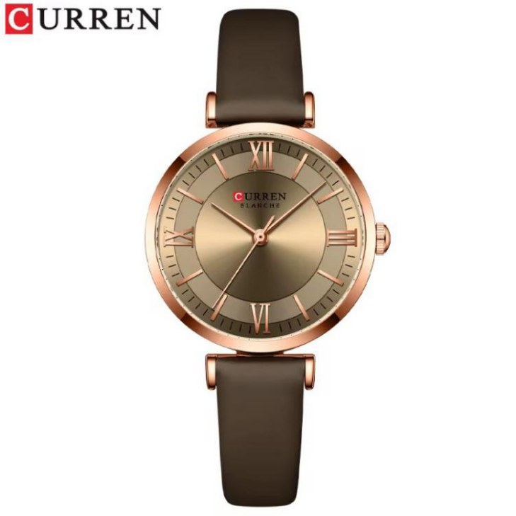 CURREN 9079 men’s watch with a minimalist black dial and brown leather strap.