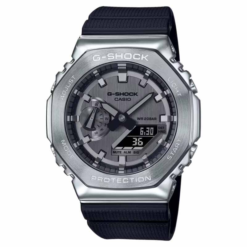 Casio G-Shock GM-2100-1A with stainless steel bezel and black resin band.