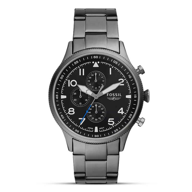 Fossil FS5834 men's black dial chronograph watch with stainless steel mesh band.