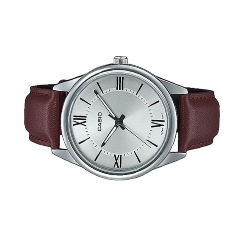 Casio MTP-V005L-7B5 Men's Standard Analog Brown Leather Band Roman Silver Dial Watch