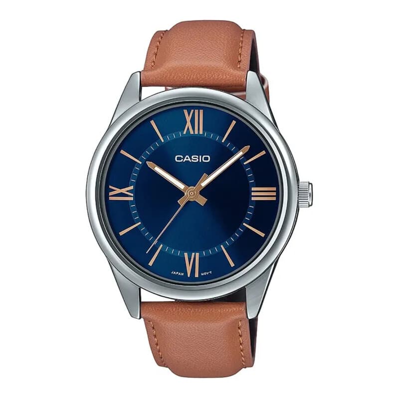 Casio MTP-V005L-2B5 Men's Tan Leather Band Blue Roman Dial Analog Watch