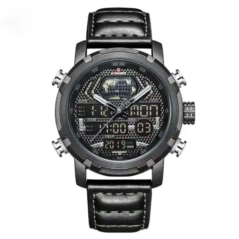 Naviforce mens watch NF9160 black leather strap luxury digital
