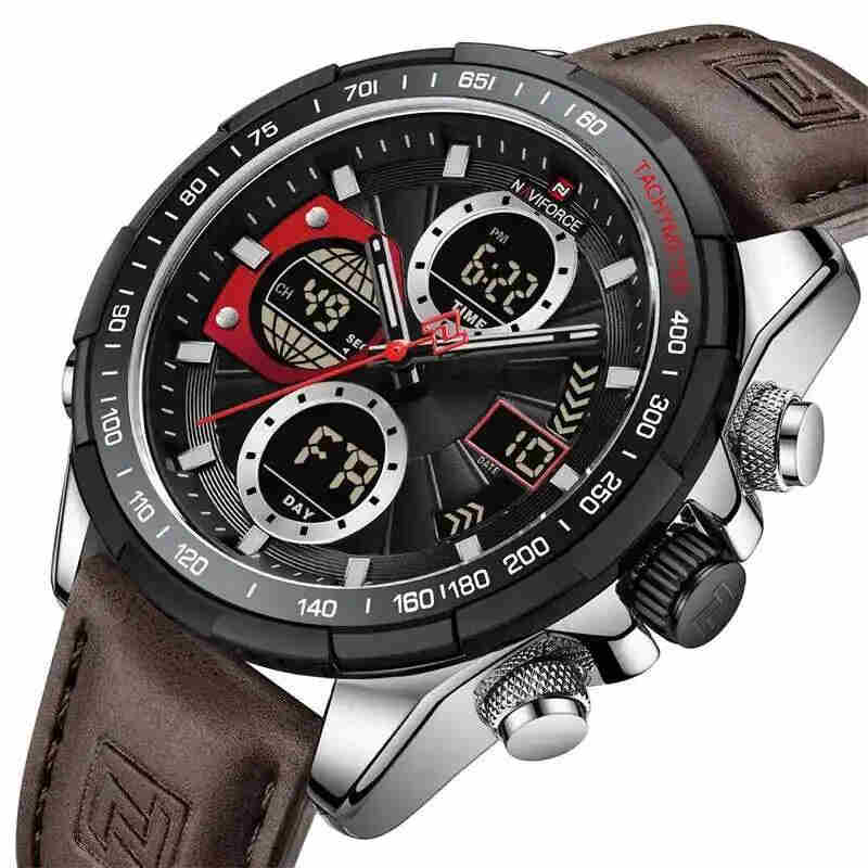 Naviforce Mens Watch NF9197 brown Leather Strap Millitary Sport