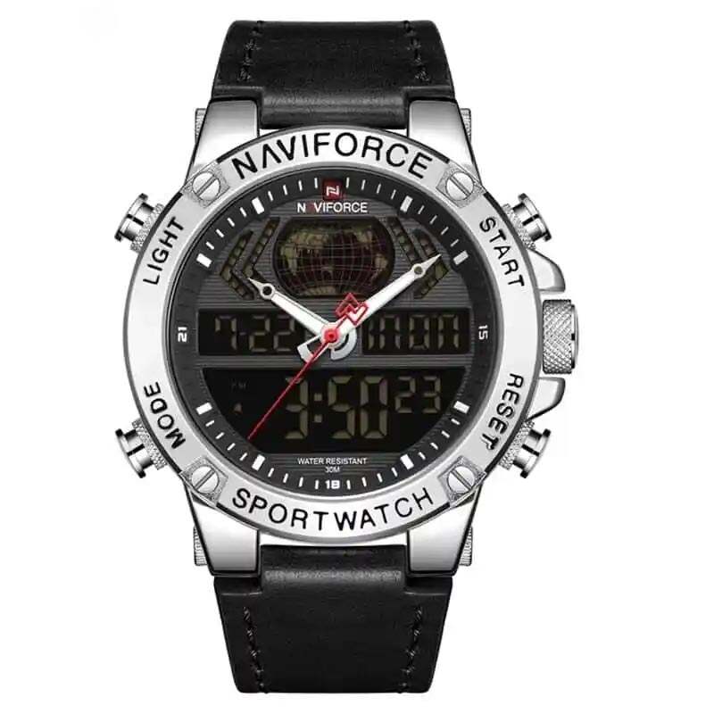 Naviforce mens watch NF9164 black leather strap casual sport