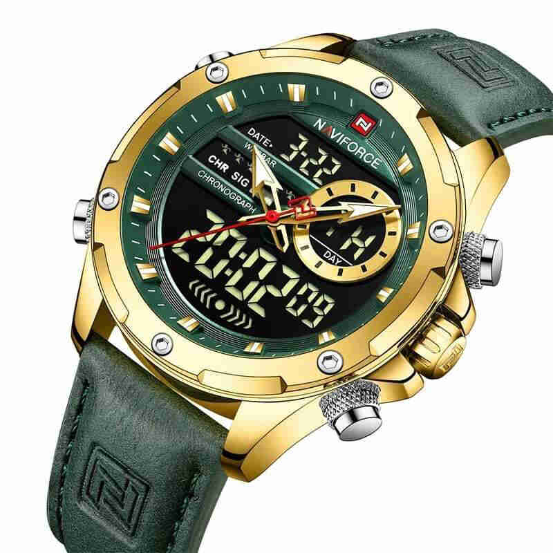 Naviforce mens watch NF9208 green strap leather fashion Analog/Digital