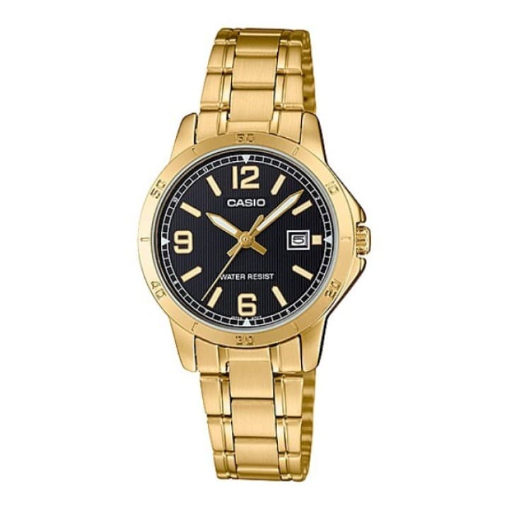 Casio LTP-V004G-1B Women's Gold Tone Stainless Steel Black Dial Date Dress Watch