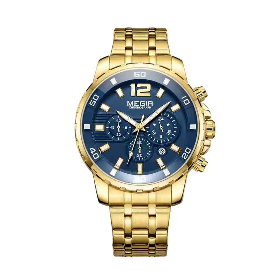 MEGIR 2068 Men Gold Stainless Steel Quartz Chronograph Wristwatch