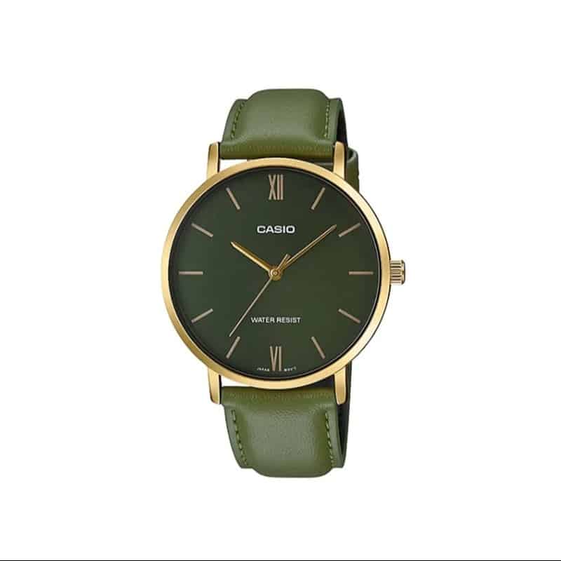 Casio MTP-VT01GL-3B Men's Minimalistic Gold Tone Green Leather Band Green Dial 3-Hand Analog Watch