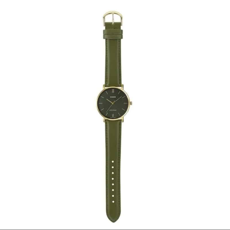 Casio MTP-VT01GL-3B Men's Minimalistic Gold Tone Green Leather Band Green Dial 3-Hand Analog Watch