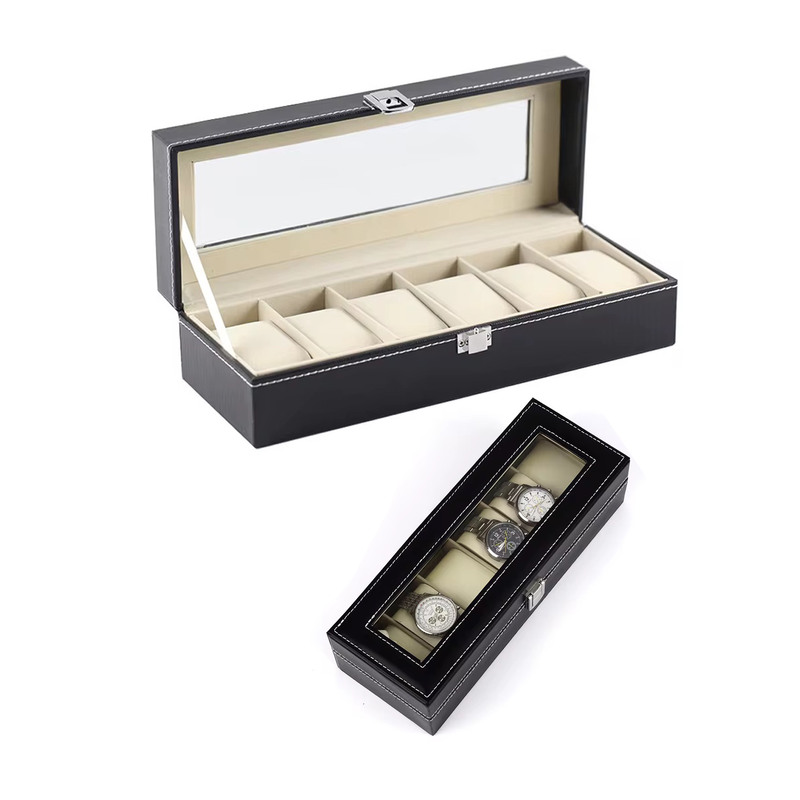 A 6-slot leather watch organizer with a glass lid