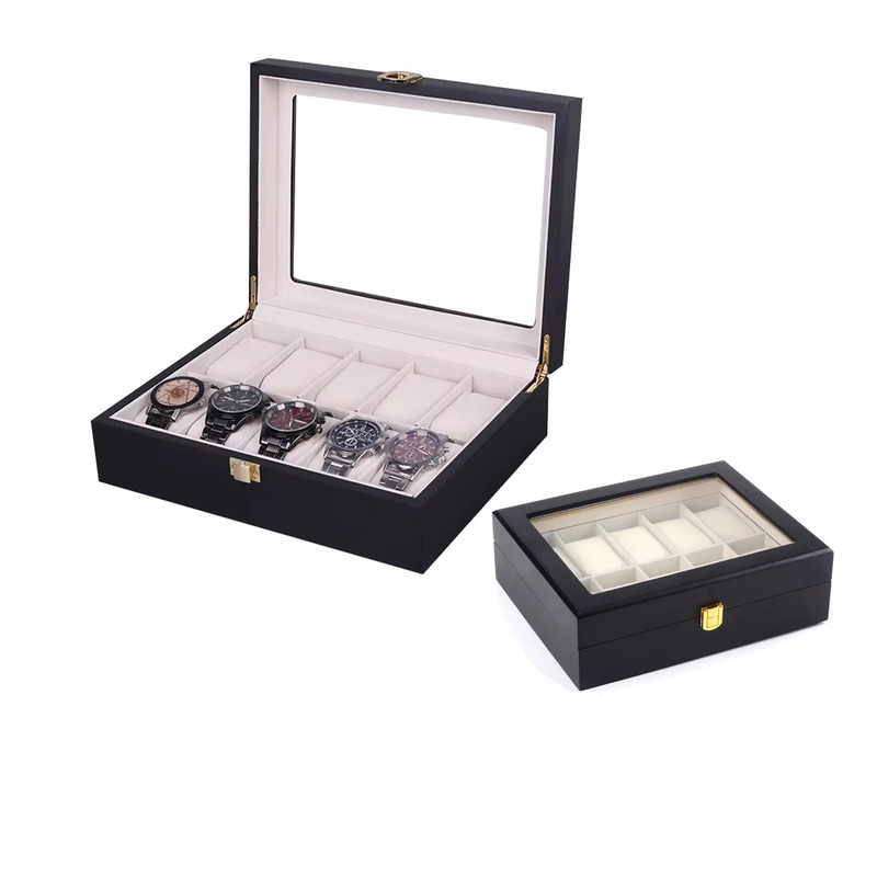 A 10-slot leather watch organizer with a glass display lid