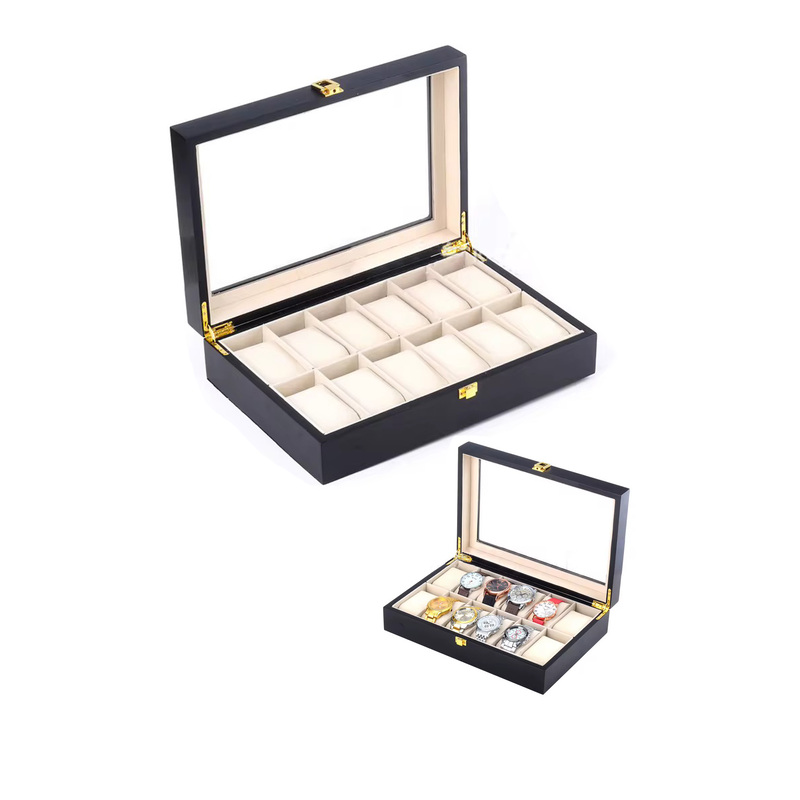 A 12-slot wooden watch organizer with a glass display lid