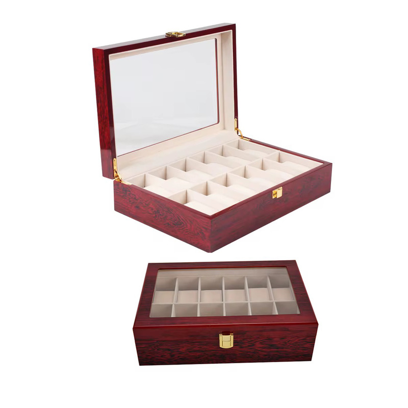 A 12-slot wooden watch organizer with a glass display lid