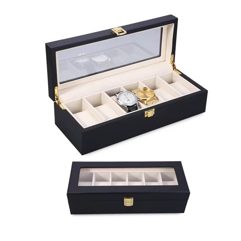 A 6-slot wooden watch organizer with a glass lid