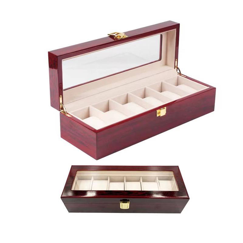 A 6-slot wooden watch organizer with a glass lid