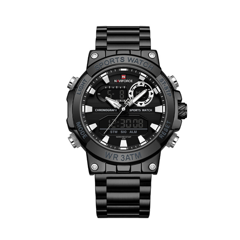 Naviforce NF9237 dual display men’s watch with stainless steel strap and black dial