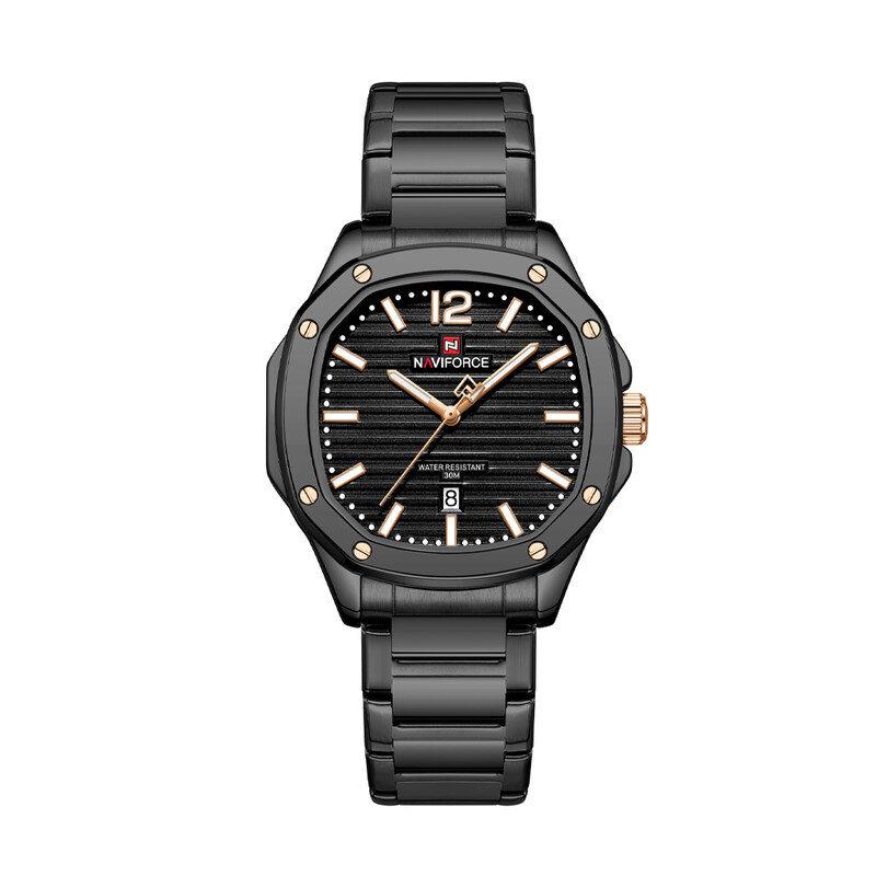 Naviforce NF9243S silver men's watch with black dial and stainless steel strap