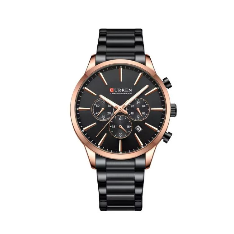 CURREN 8435 men’s chronograph watch with a brown leather strap and black case.